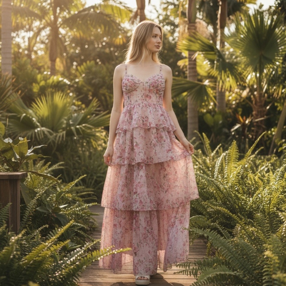 Birdy Grey Pink Floral Tiered Maxi Dress